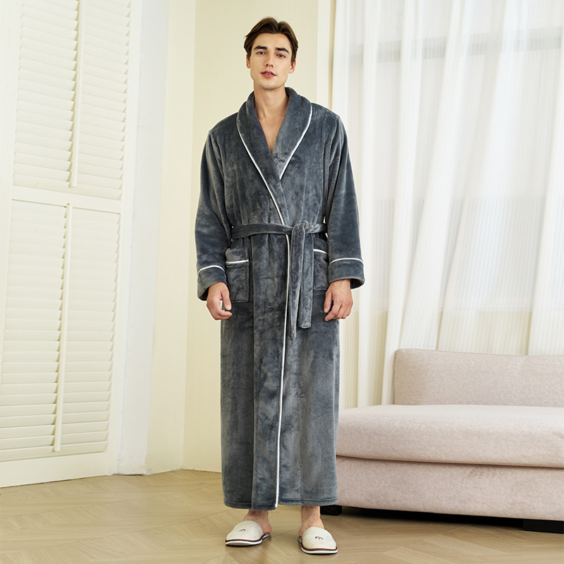 秋と冬の無地のシンプルな裾上げ厚みのあるフランネルカップルナイトガウン男性用プラスサイズのロングベルベットバスローブ女性用|undefined