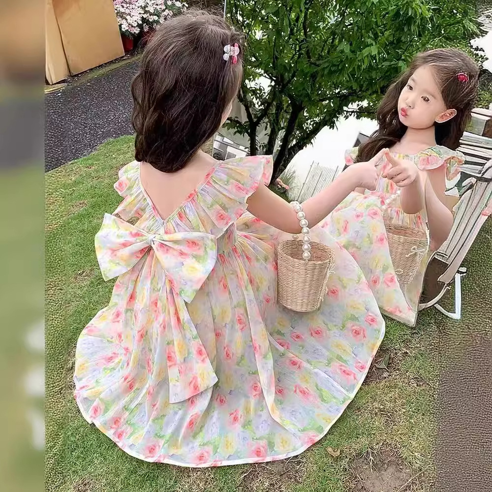 Girls' Floral Print Sleeveless Vest Dress Bow 2024 Girls' Summer Chiffon Baby Girl Princess Skirt