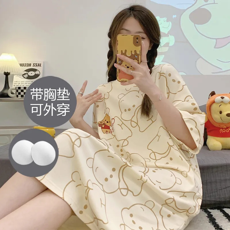 Pijama con cojín de pecho, vestido de algodón, vestido de pijama, dibujos animados dulces y lindos para aumentar la ropa para el hogar al por mayor.