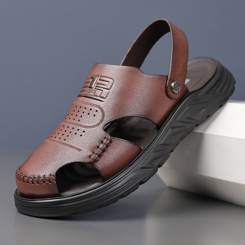 Dép sandal nam bít mũi da bò lớp đầu đế dày thoáng khí gót 3 cm — Màu nâu, Màu đen