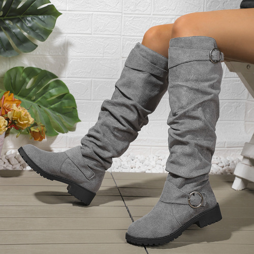 Wide women's shoes with creases, over-the-knee stack boots, belt buckle, chunky heels, fashion boots