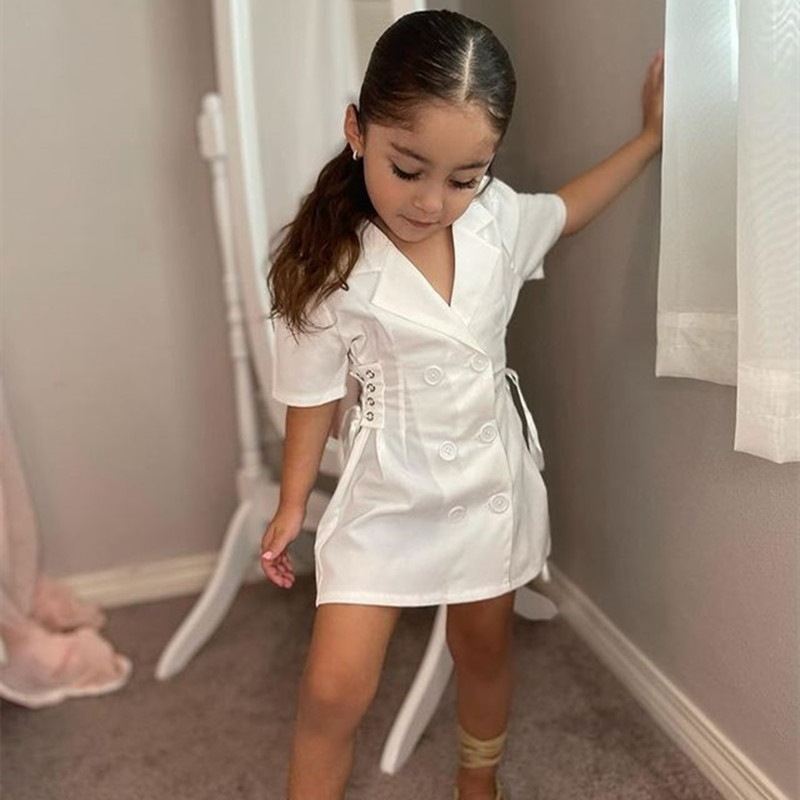 2025 Summer Girls' Suit Collar Dress New Korean Style Fashionable Double-Breasted Puff Sleeve Children's Dress Wholesale