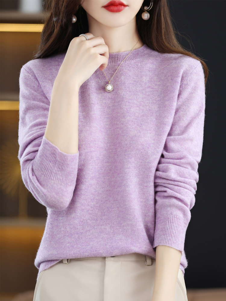 Nuevo otoño temprano cuello redondo 100 suéter de lana de las mujeres de moda simple flojo adelgazar punto manga larga que basa la camisa suéter de las mujeres