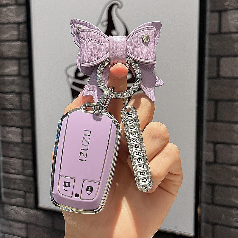 이스즈-스마트 2 키 [싱글 쉘 퍼플] + 퍼플 보우 다이아몬드 버클 + 실버 번호판