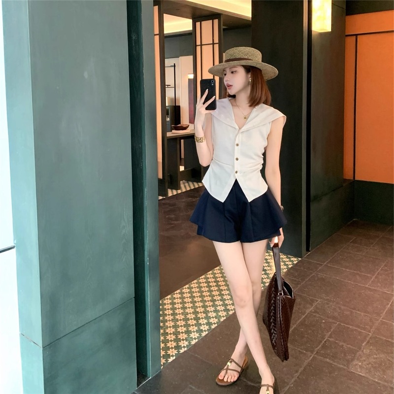 zhi士Cheese曼塔水仙夏复古气质百搭老钱风海军领衬衫女无袖上衣|undefined