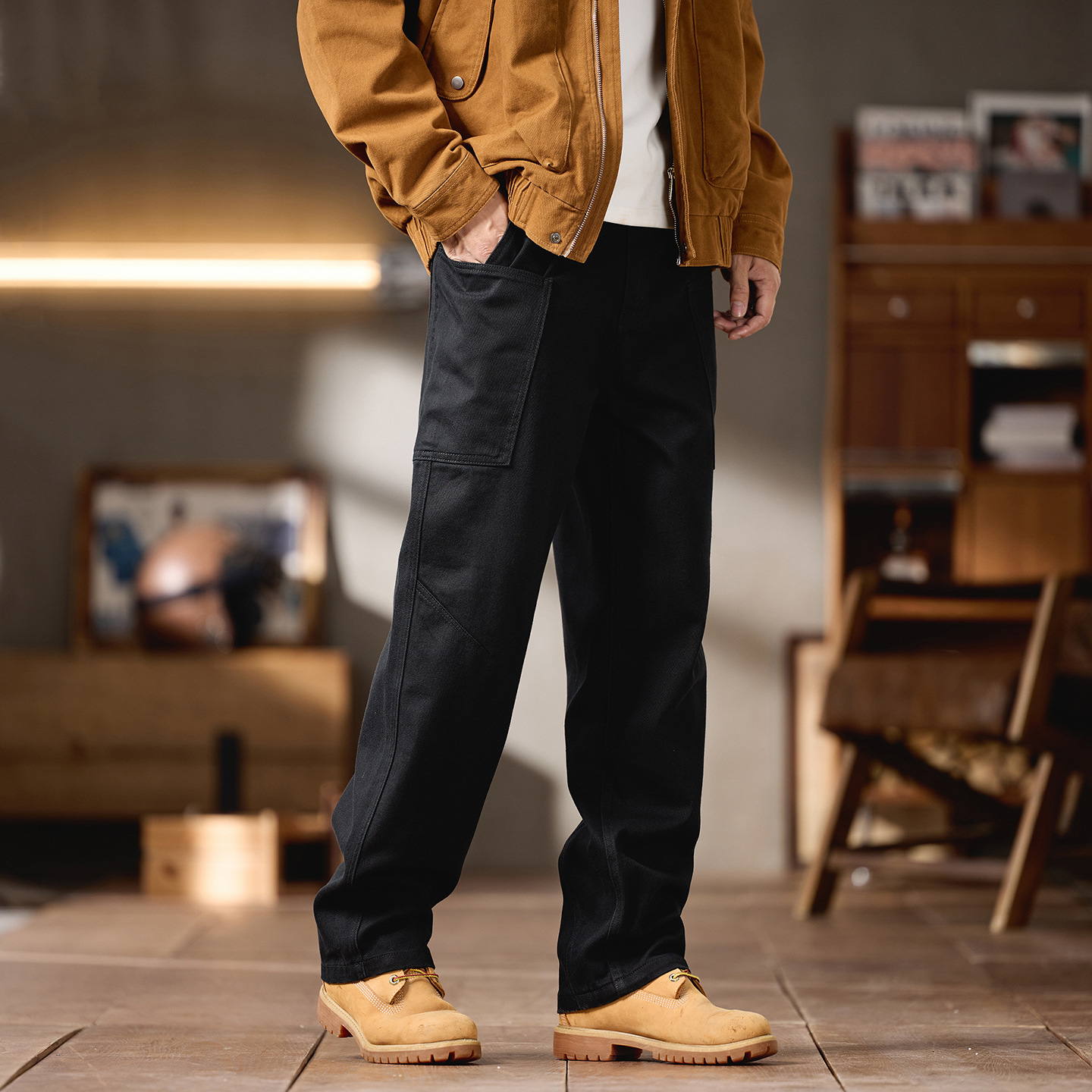 新款户外山系休闲裤男宽松高街直筒多袋工装阔脚裤男棉跨境大码裤