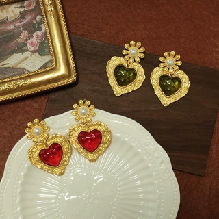 中古爱心耳环女复古vintage珍珠花朵红色法式耳钉宫廷风气质耳饰