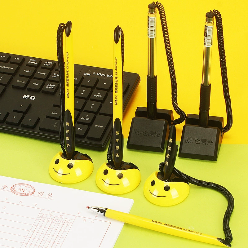 Morning light [desk pen fixed signature pen black with string bar pen for front desk bank counter smiling cute service desk pen]