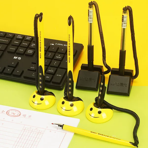 Morning Mg Light Desk Pen Fixed Signature Pen Black with String Bar Counter Pen Bank Front Desk Counter Smile Cute Service Desk