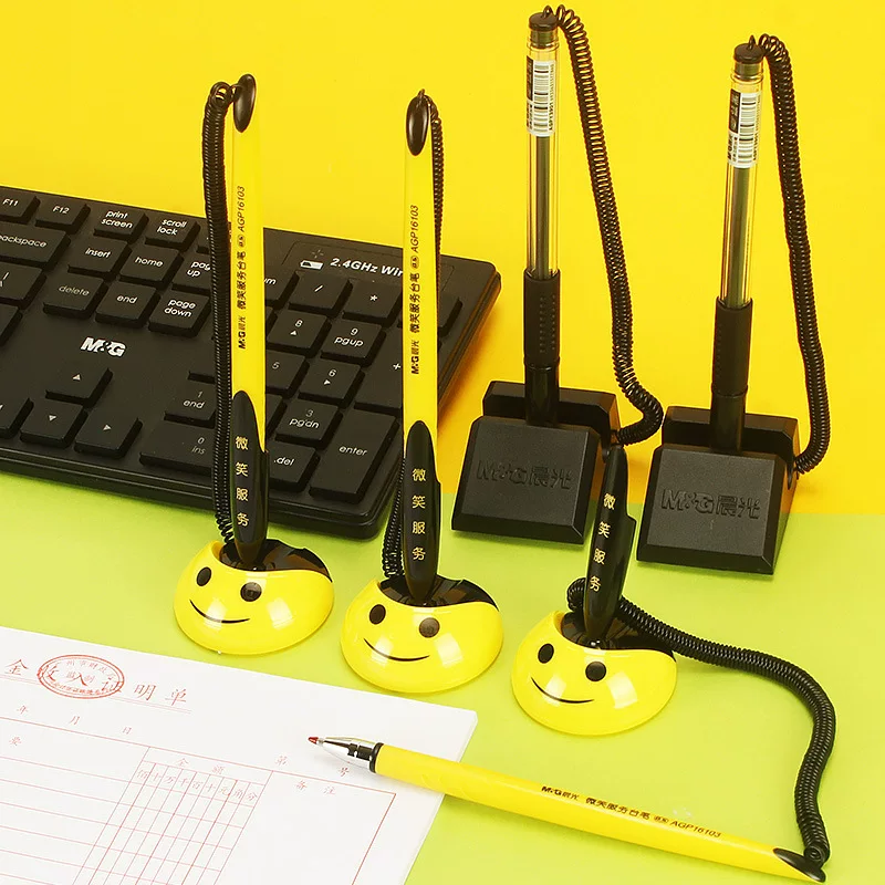 Morning light [desk pen fixed signature pen black with string bar pen for front desk bank counter smiling cute service desk pen]