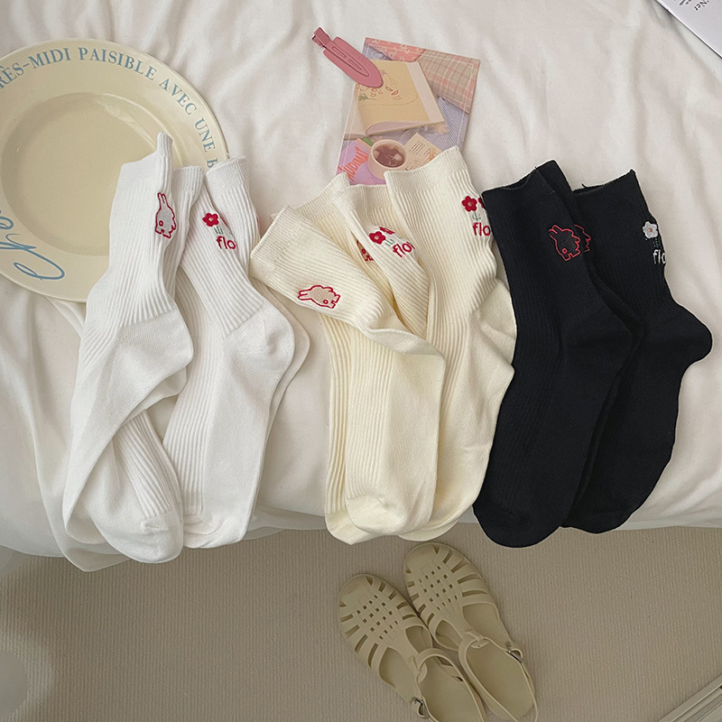 Rabbit Embroidery Socks Children's Mid-length Socks ins Trendy Internet Popular Spring and Autumn Cute Personalized Flowers Solid Color Sports Stockings Rabbit Embroidery Socks Children's Mid-length Socks ins Trendy Internet Popular Spring and Autumn Cute Personalized Flowers Solid Color Sports Stockings