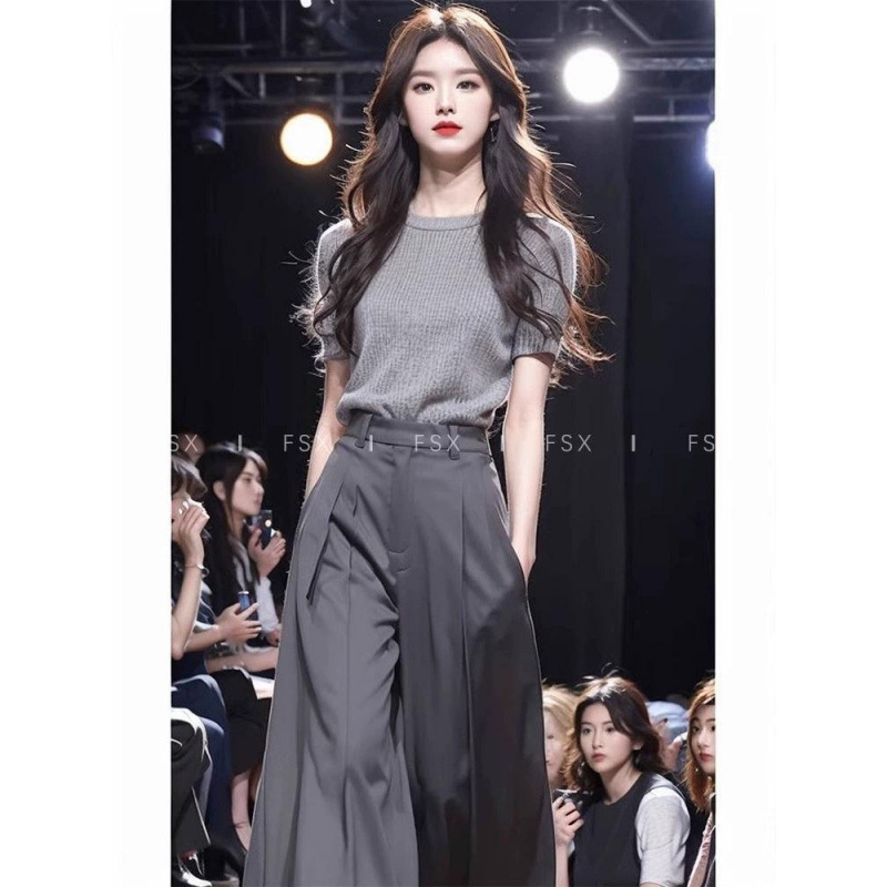 2025年超人気夏服、小柄な方向けの韓国風年齢軽減ワイドパンツ2点セットの完全なセット|undefined