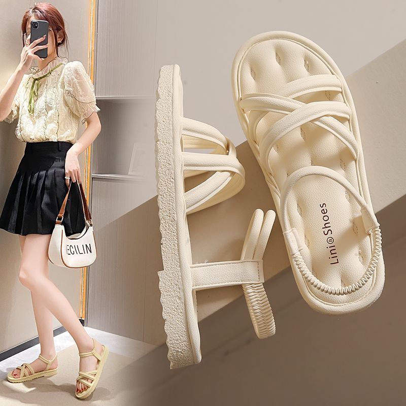 Estilo de hadas cómodas sandalias planas suaves para mujer 2025 verano nuevo estilo casual punta abierta zapatos de playa suaves zapatos de mujer