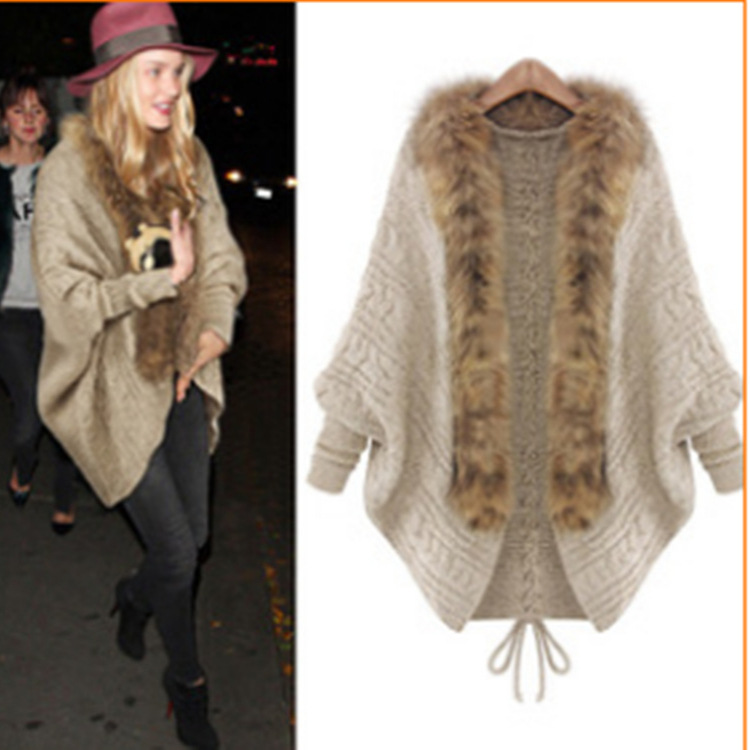 AliExpress popular europeo y americano nuevo suelta más tamaño bat Cuello de piel punto cardigan Comercio exterior suéter especial las mujeres abrigo