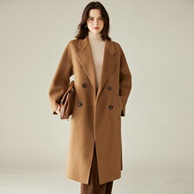经典双排六扣西装领长款系带显瘦收腰新款宽松连肩袖过膝驼绒大衣
