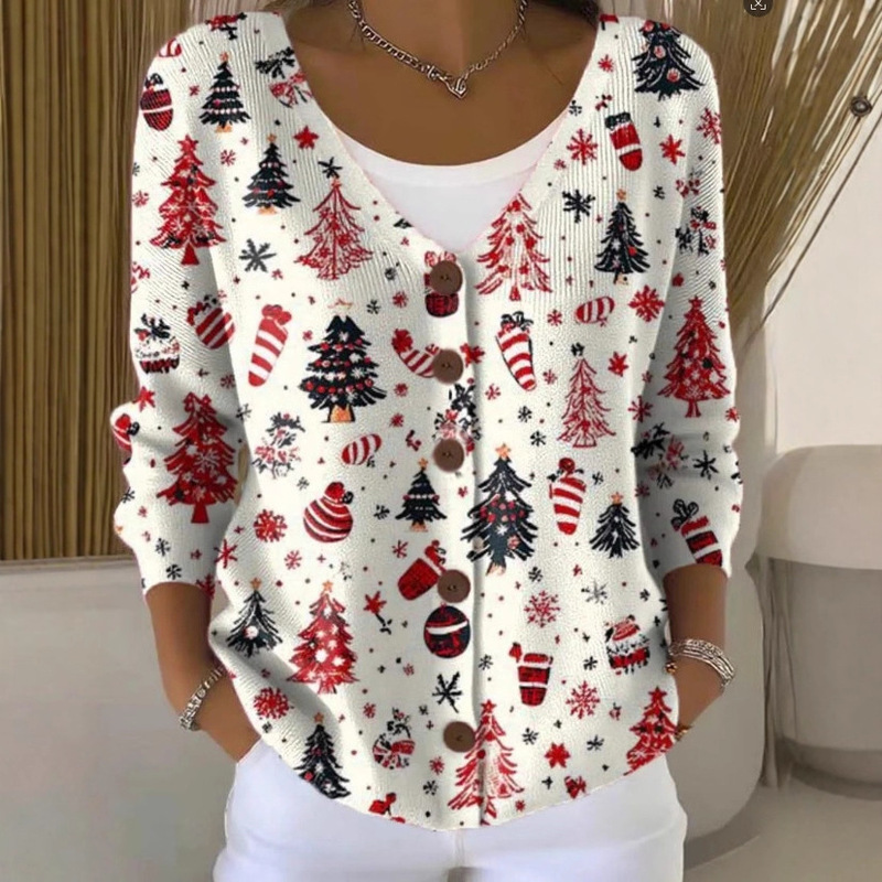 2025 European and American Cross-Border Amazon Knitted Cardigan New Style V-Neck Button 3D Digital Print Christmas Women's Cardigan