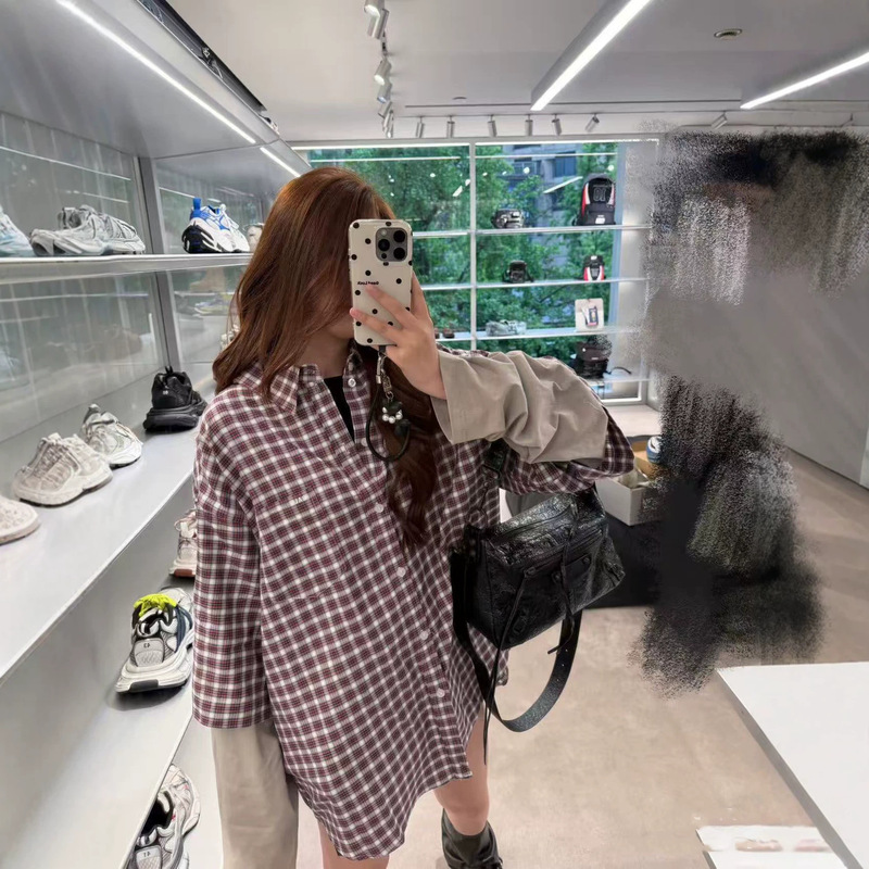 European Station 26Ss New Logo Embroidered Plaid Shirt with Patchwork Design, Faux Two-Piece Loose Casual Unisex Top