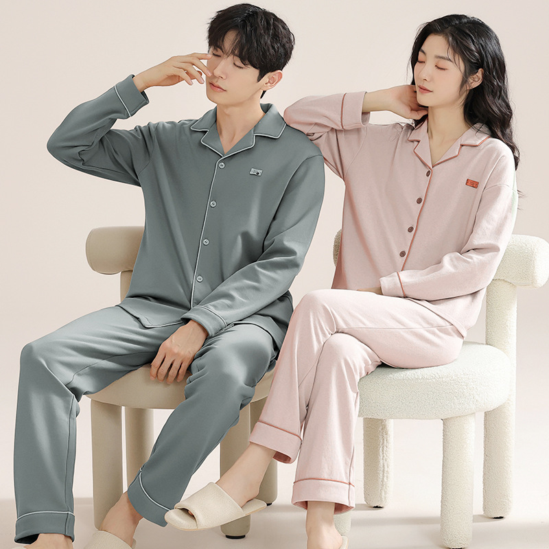 항균 통기성 순면 커플 잠옷 봄과 가을 긴 소매 바지 가디건 옷깃 플러스 사이즈 세트 남성 및 여성 홈 옷