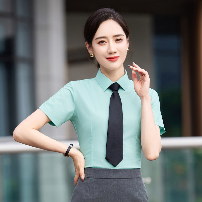 蓝色衬衫女短袖职业装正装工作服修身竹纤维弹力衬衫免烫工艺上衣