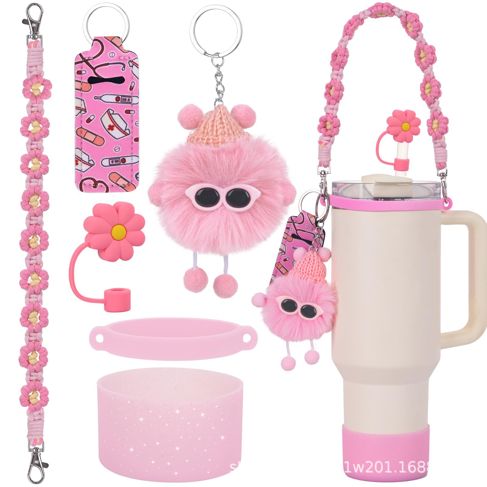 Juego de 6 piezas stanley taza colgante margarita correa de mano cuerda de labios juego de briquetas bola de pelo de elfo juego de taza de brillo