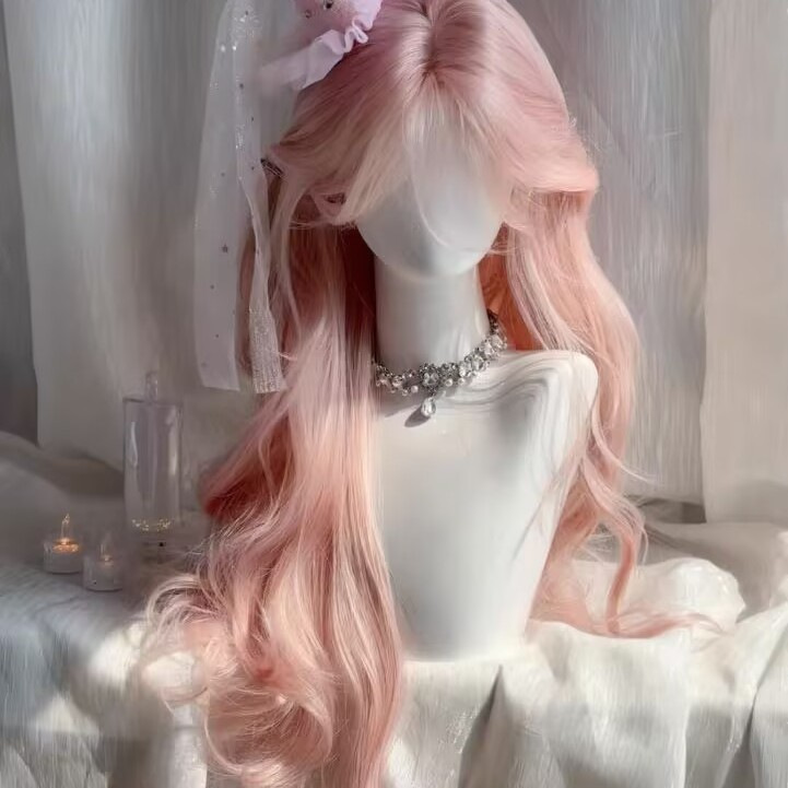 Pink Long Curly Wig for Women, New Peach Pink Color, Middle Parting, Lace Front Full Wig
