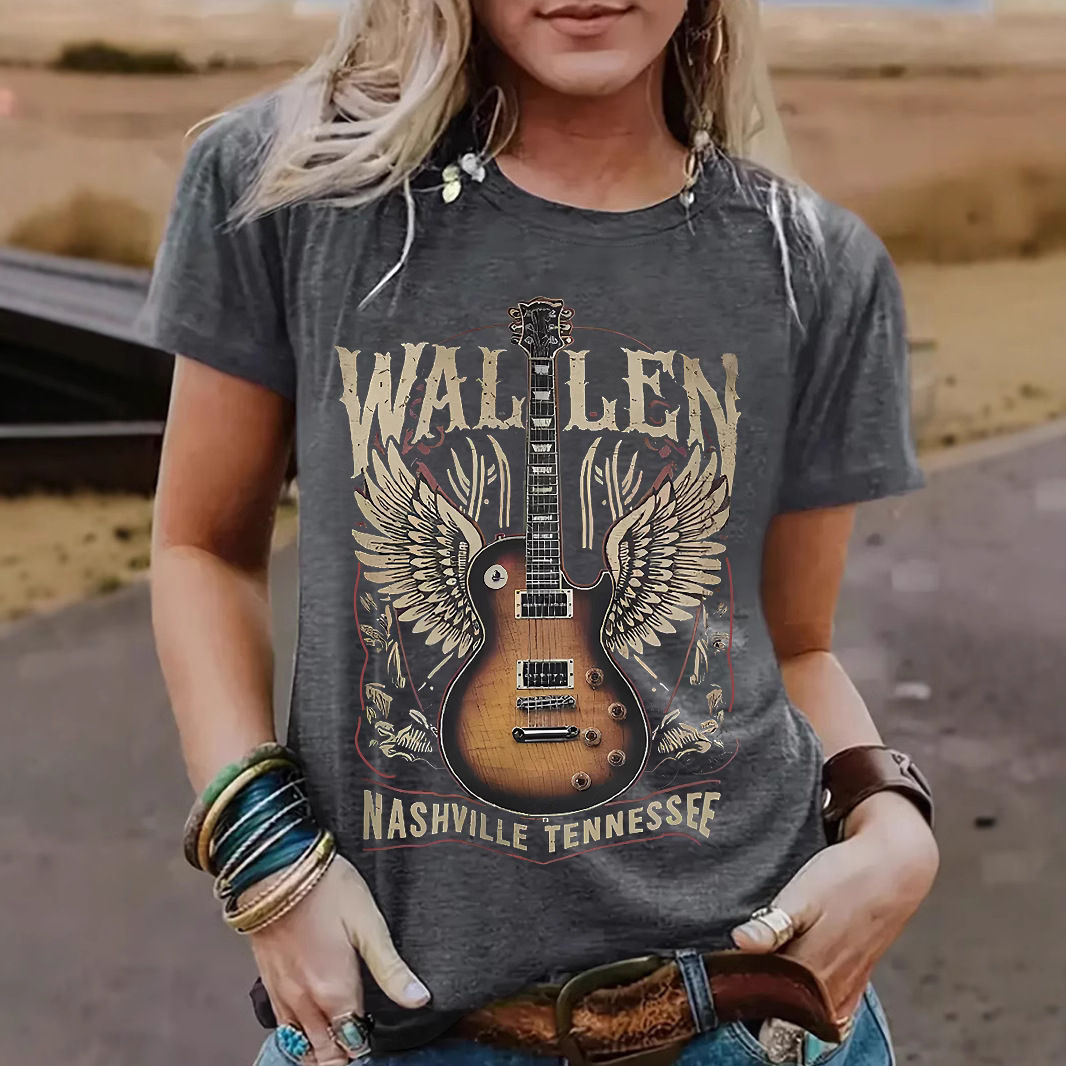 European and American in stock Round Neck Short Sleeve T-Shirt Printed Dream Guitar Printed Summer New Comfortable T-Shirt