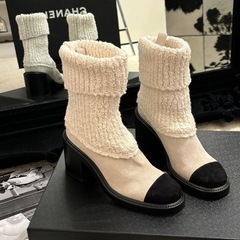 全牛皮~真皮拼色厚底中筒靴女小香风高跟短靴弹力瘦瘦靴袜靴踝靴