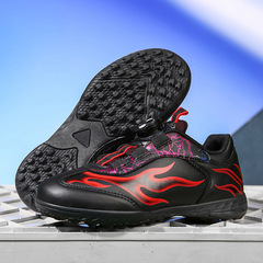 跨境皮面2024新款旋轉扣兒童足球鞋男碎釘青少年學生免系帶運動鞋