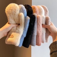 冬季加绒加厚保暖毛绒学生骑车防寒针织手套韩版可爱全指手套女