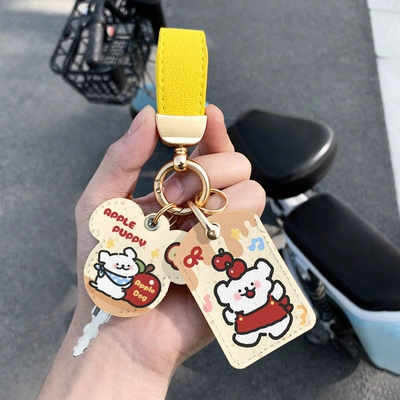 Electric Car Key Protective Cover, Electric vehicle key cover shell - dual-card-holder-leather-keychain-apple-line-dog