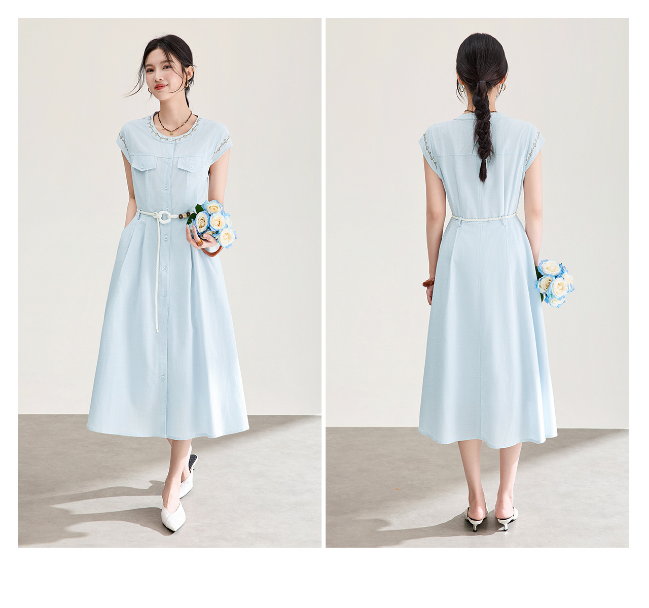 Đầm maxi nữ thắt eo chất liệu tơ tằm phối ren thêu hoa, dáng suông nhẹ, tay ngắn — màu sắc chi tiết 20