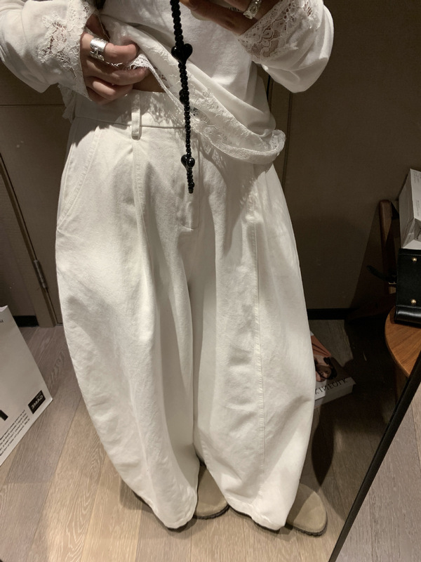 立体弯刀裤 松弛感宽松纯棉阔腿休闲裤女早秋新款白色美式低腰裤|undefined