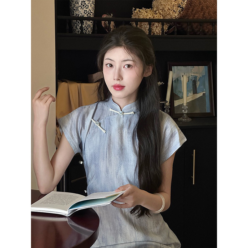 Traditional Chinese Cheongsam Full Open Front Purple Gray 2025 Summer New Vintage Daily Dress for Young Girls Long Style