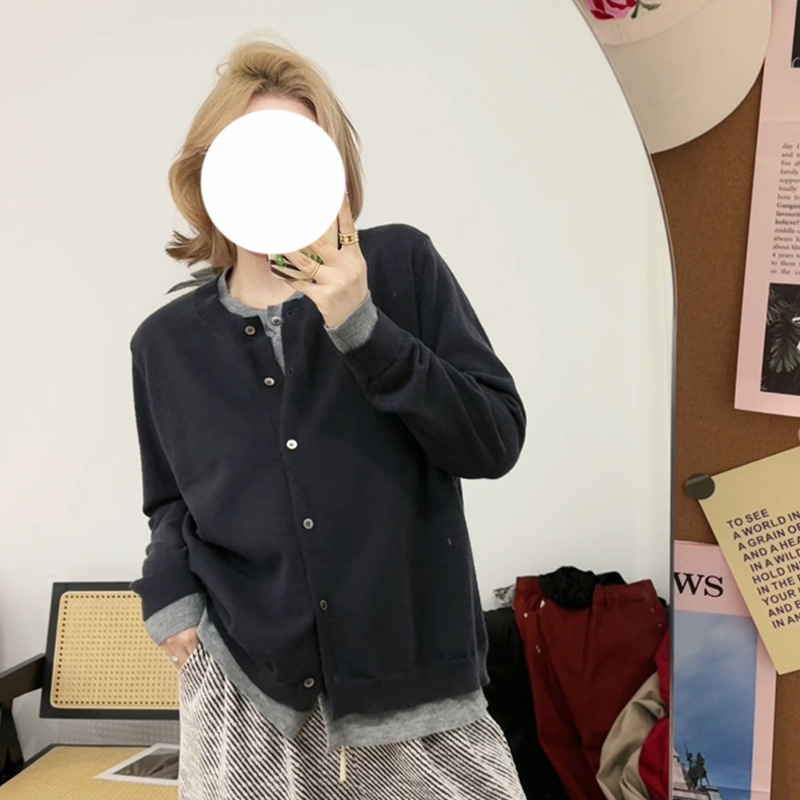 이른 가을 새로운 라운드 넥 대비 컬러 탑 플러스 사이즈 여성용 가짜 투피스 긴팔 니트 스웨터 크로스토크 컬러 소프트 왁스 카디건 여성