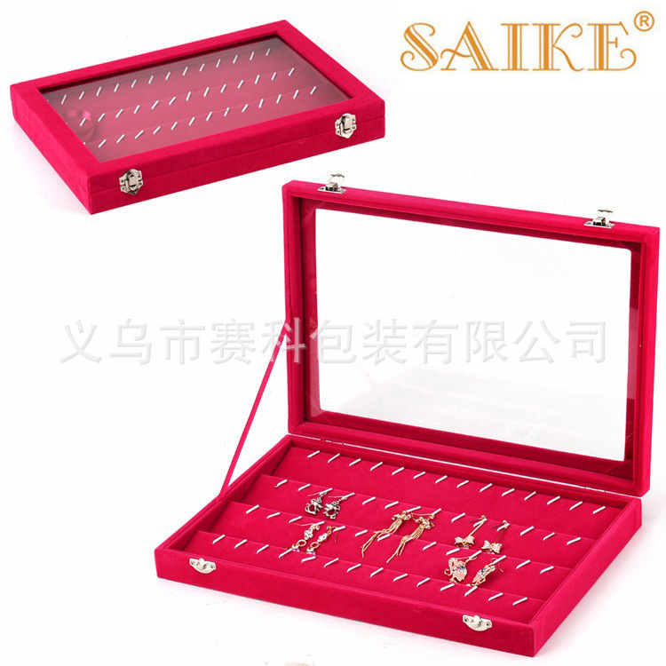 供应玫红有盖56对铁钩吊坠展示盒耳环收纳盒饰品展示盒珠宝箱