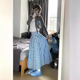 春季新款甜美风韩版chic灰色毛衣蓝白格纹收腰显瘦百褶半身裙套装