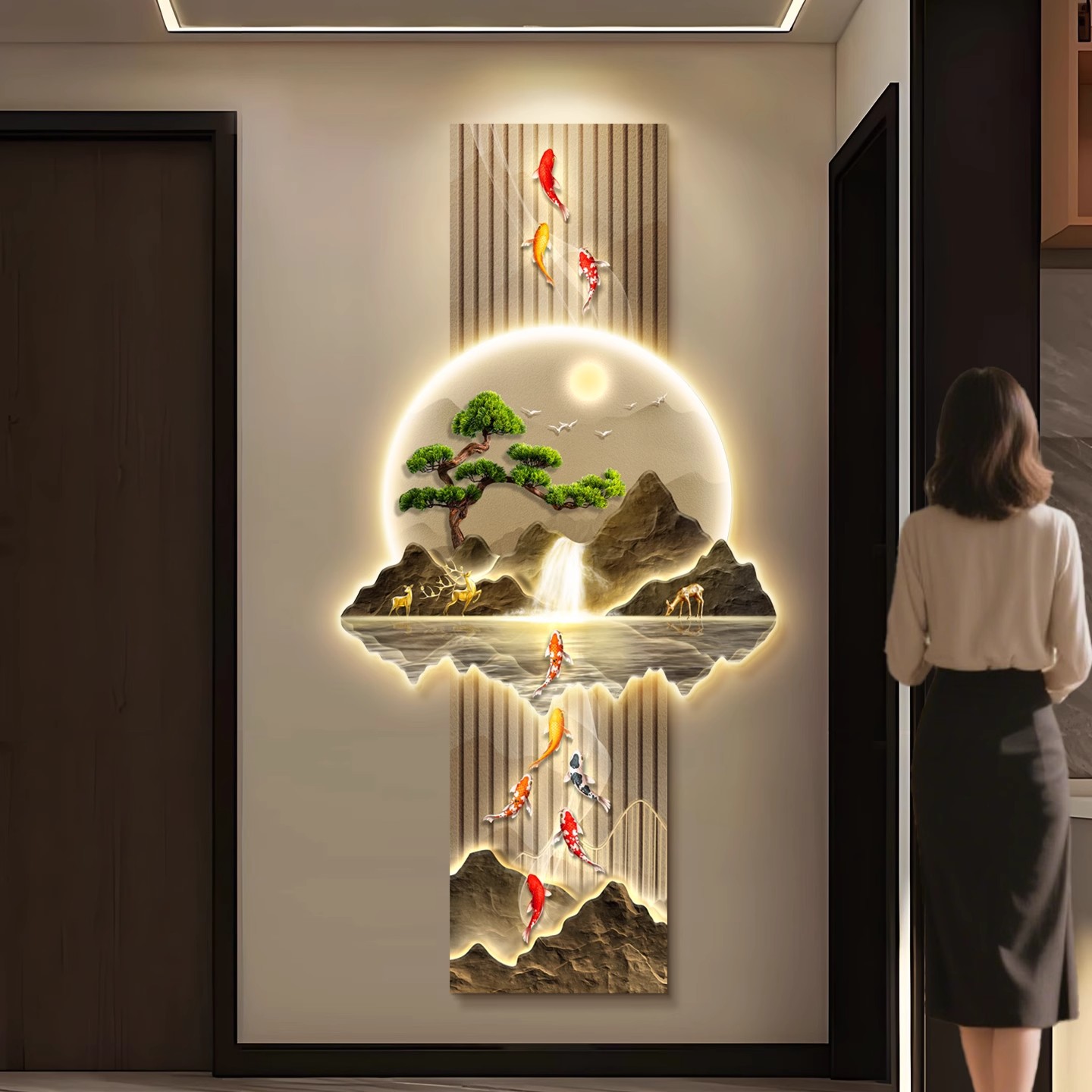 Pintura de nueve peces, pintura de decoración de entrada de alto nivel, pintura de lámpara, pintura mural de pasillo, nuevo estilo chino