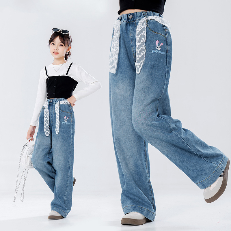 Judy Girls Children's Summer New Long Pants Straight Long Girls Printed Soft Loose Jeans Autumn