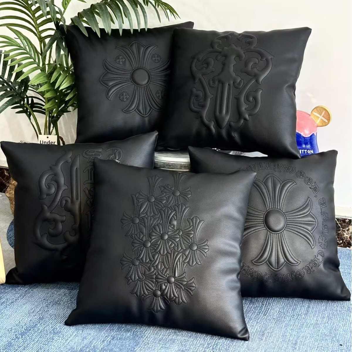 Cross Leather Cross Flower Embroider Black Crow Heart Home Sofa Cushion Office Lumbar Support Car Pillow