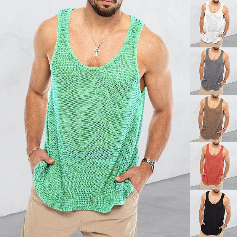 European and American Fashion Spring and Summer Men's Casual Tops Tank Top Sleeveless Knitted Pure Color Men's Sweater Vest