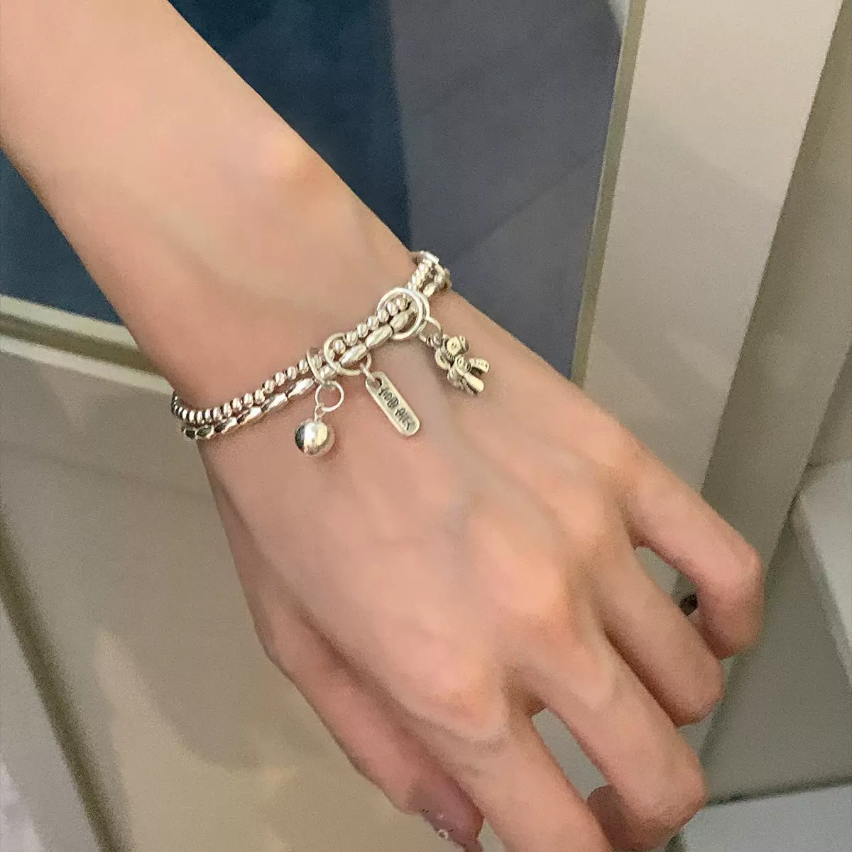 新款马上有钱纯银同款双层弹力手链女轻奢小众百搭串珠碎银子手饰