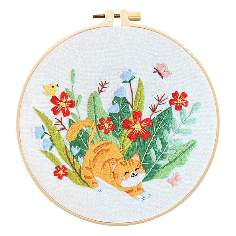 Flor gato traje colgante pintura Lu bordado dibujos animados animal inglés novato bolsa bordado DIY material bolsa salón colgante hecho a mano