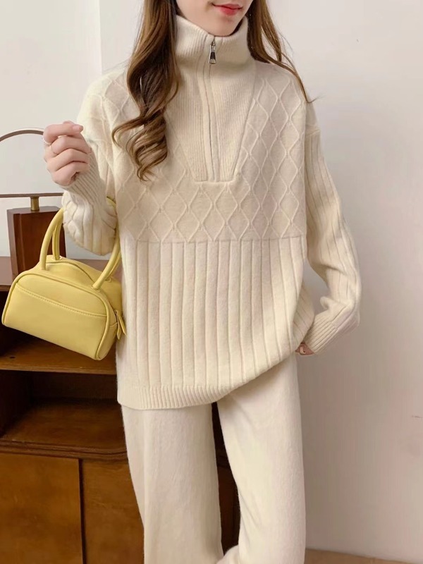 ファッション高級感セーターセット女性秋冬怠惰風ジッパー立襟ニット高腰ワイドパンツ2点セット|undefined