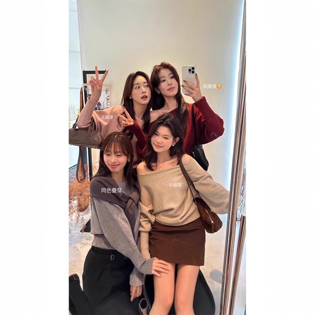 カーキ色の心機純欲風一字肩露肩ニット女性秋の高級感怠惰なセーターの中に上着を着る