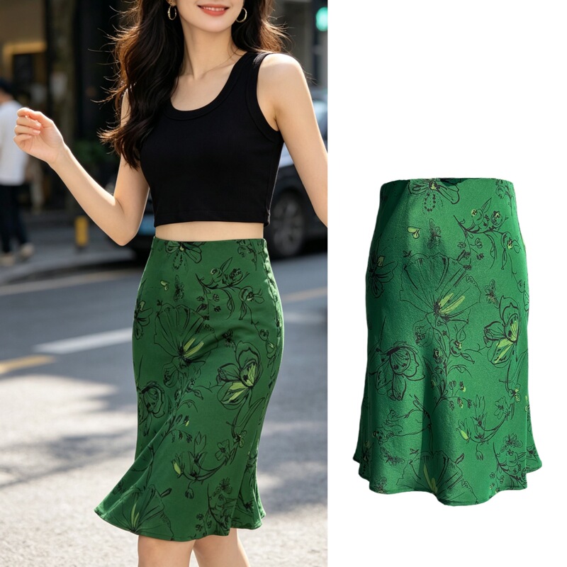 Green Ballet French Ballet Girl Sand-Washed Silk Bias-Cut Short Bodycon Skirt Green Ballet French Ballet Girl Sand-Washed Silk Bias-Cut Short Bodycon Skirt