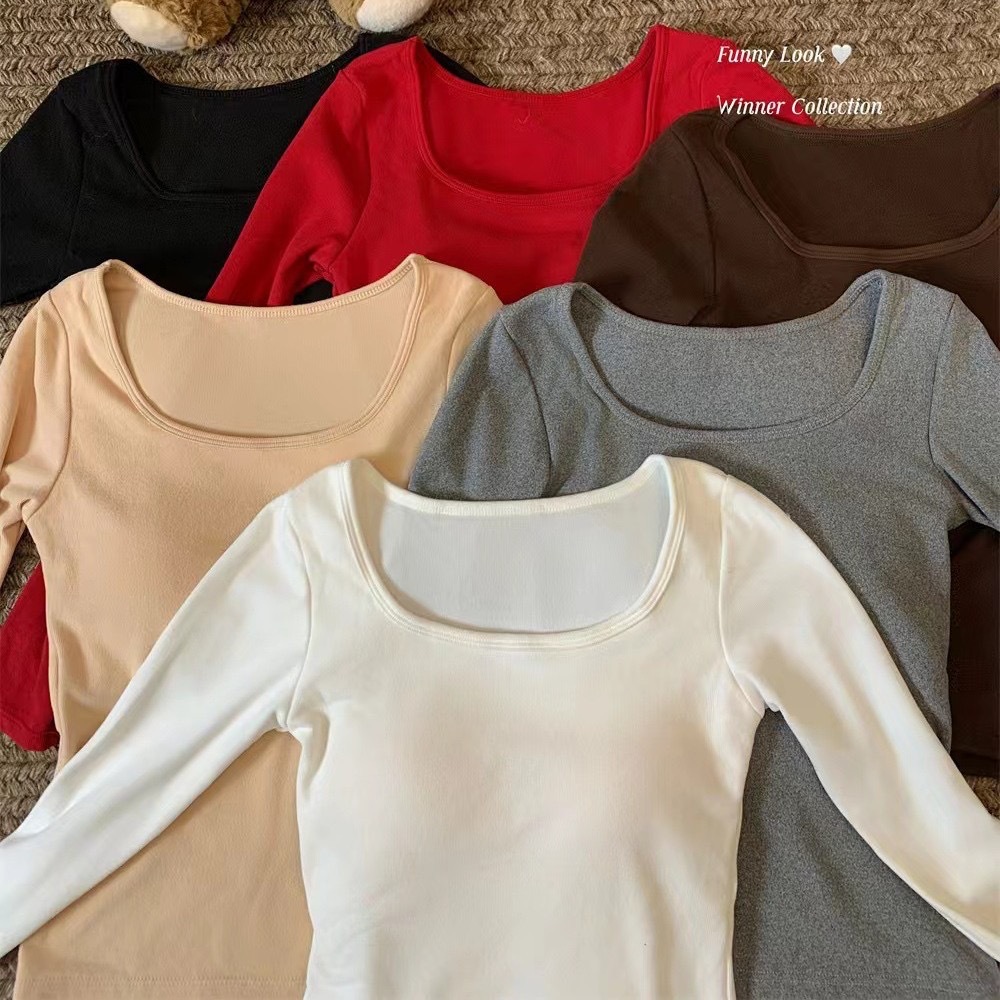 Otoño y invierno coreano abrasión ropa interior de cuello cuadrado con cojín de pecho caliente manga larga delgada camiseta de vestir en la camiseta