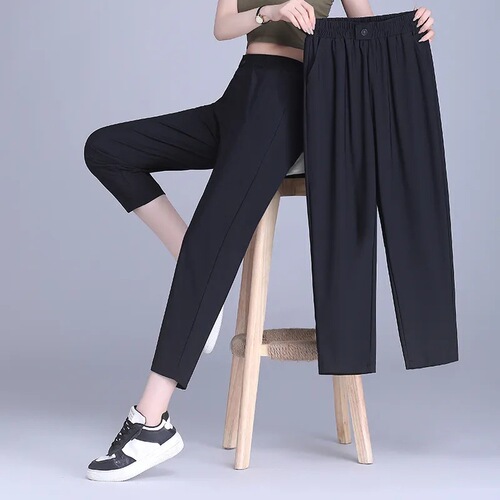 Ice silk quick-drying pants, children's 2026 summer new style, drag-feeling harem sweatpants, simple stretch nine-point casual women's pants