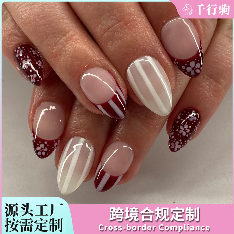 Custom-designed, cross-border best-selling wine-red French-style hand-painted white flower vertical striped detachable almond-shaped 30-piece nail tips Custom-designed, cross-border best-selling wine-red French-style hand-painted white flower vertical striped detachable almond-shaped 30-piece nail tips