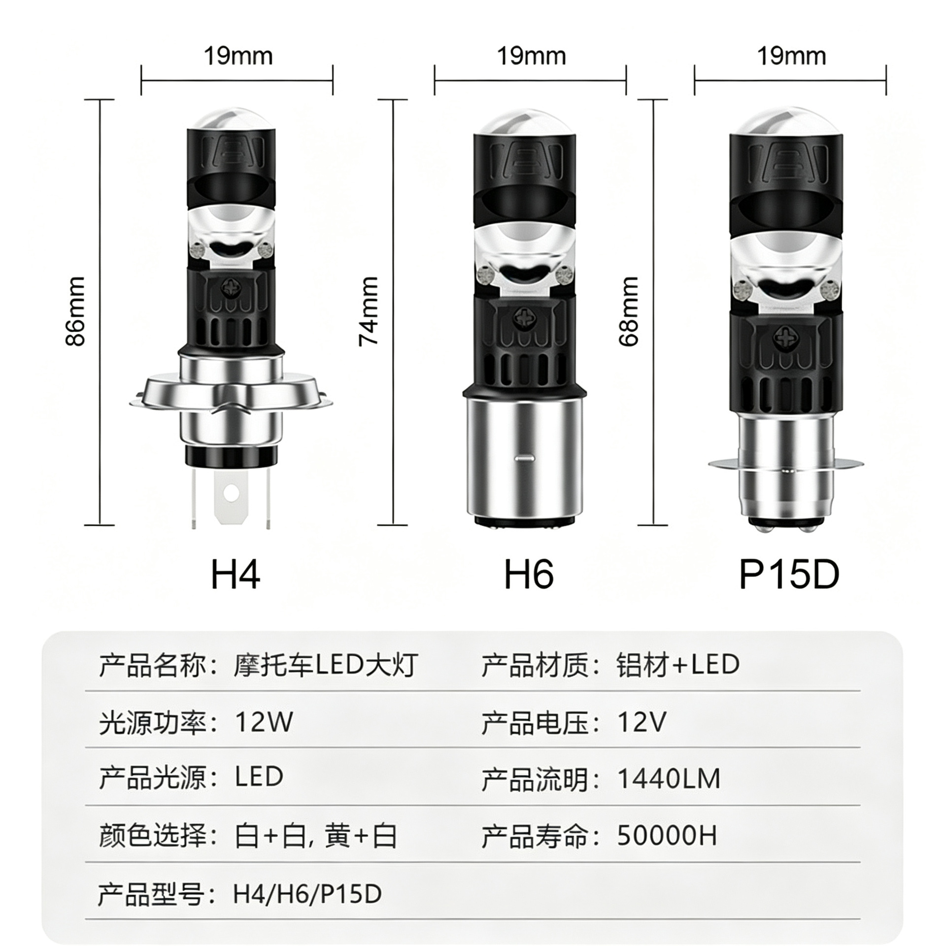 Motorcycle and electric vehicle LED headlight P15D H4 BA20D dual-prong yellow-white dual-color integrated high and low beam spotlight