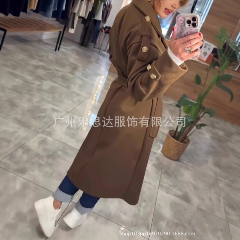 欧美风跨境外贸女装25秋冬气质时尚长袖翻领双排扣配腰带风衣外套|undefined